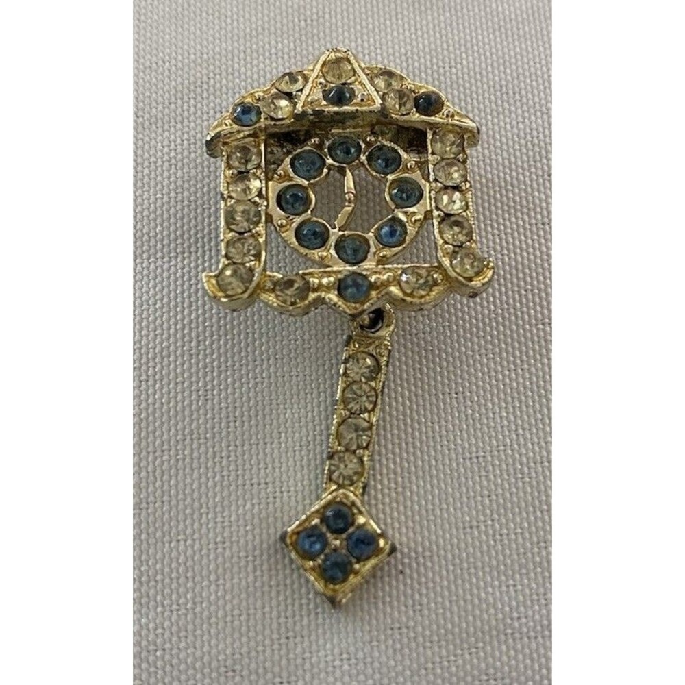 Vintage Blue & Clear Rhinestone Articulating Pendulum Clock Goldtone Brooch Pin